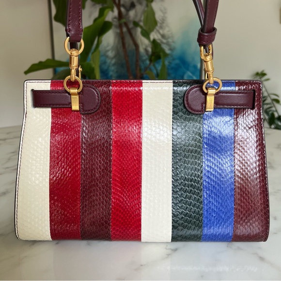 Tory Burch Lee Radziwill Striped Snake Skin Leather Small Top Handle Bag - Picture 4 of 16